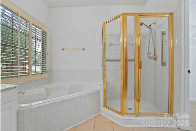 8731 Sheltonham Way, Charlotte, NC 28216 - full bathroom featuring a stall shower, a bath, tile patterned floors, and vanity