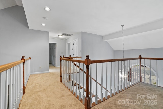8731 Sheltonham Way, Charlotte, NC 28216 - corridor featuring an upstairs landing, carpet floors, recessed lighting, and lofted ceiling