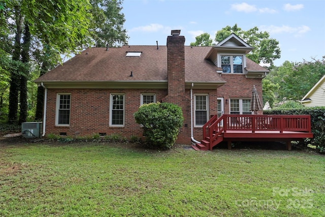 8731 Sheltonham Way, Charlotte, NC 28216 - rear view of property with a wooden deck, brick siding, a lawn, a chimney, and roof with shingles
