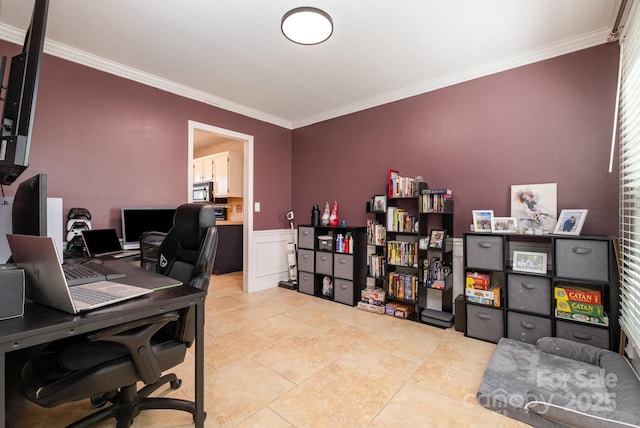 office area featuring wainscoting, crown molding, and light tile patterned floors