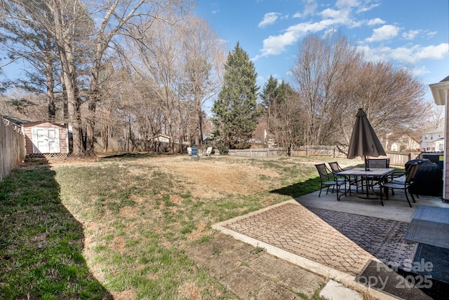 view of yard featuring an outdoor structure, a fenced backyard, a patio, and a storage shed