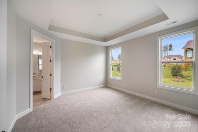 unfurnished bedroom with baseboards, visible vents, a raised ceiling, light colored carpet, and crown molding