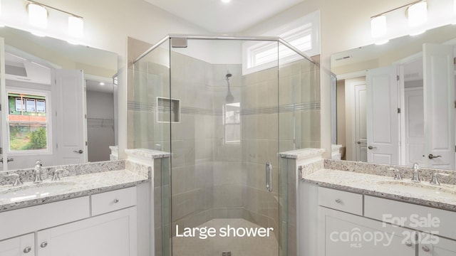 full bathroom featuring two vanities, a sink, and a shower stall