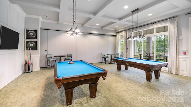 rec room with beam ceiling, a decorative wall, light carpet, coffered ceiling, and billiards