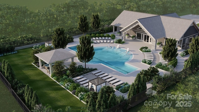 pool with a patio, a lawn, and fence