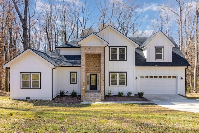 modern inspired farmhouse with crawl space, driveway, a shingled roof, and board and batten siding