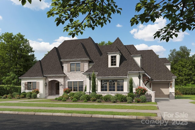 view of front of property featuring an attached garage, stone siding, roof with shingles, and concrete driveway