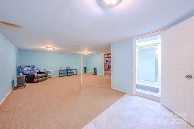 interior space featuring concrete block wall and carpet