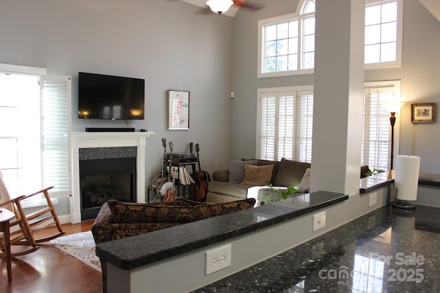 living area with a glass covered fireplace, ceiling fan, a towering ceiling, and baseboards