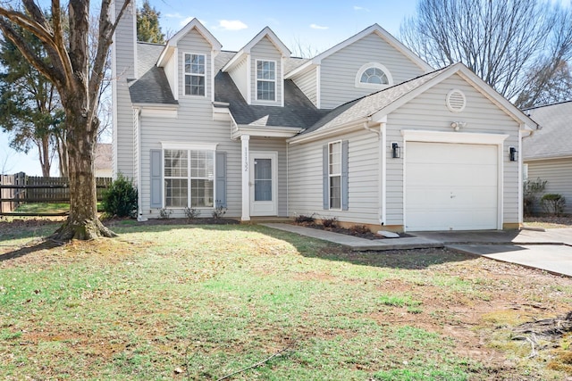 cape cod home with a shingled roof, a chimney, an attached garage, fence, and a front yard