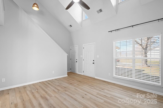 unfurnished living room with visible vents, ceiling fan, and light wood finished floors