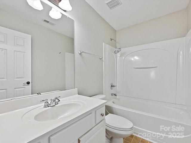 bathroom featuring visible vents, vanity, toilet, and shower / bath combination