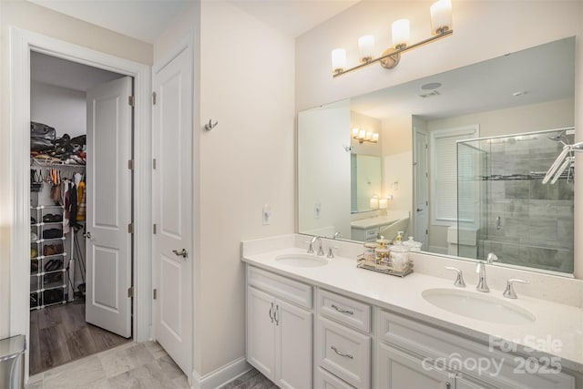 bathroom with double vanity, a shower stall, a walk in closet, and a sink