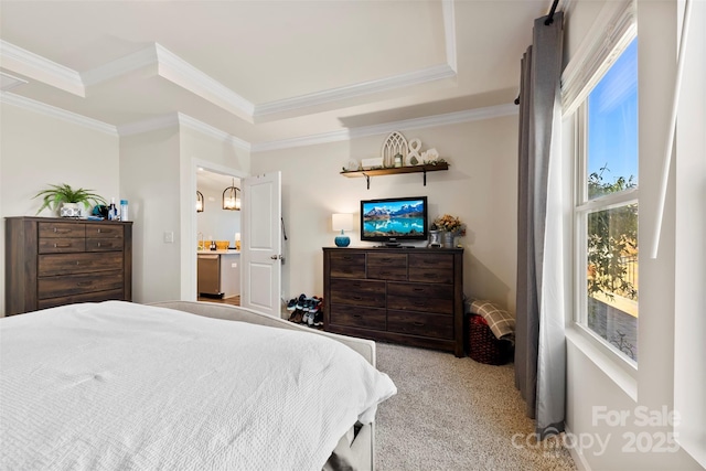 carpeted bedroom featuring ornamental molding, a tray ceiling, and ensuite bath