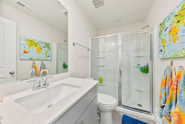 full bath with toilet, a stall shower, visible vents, and vanity