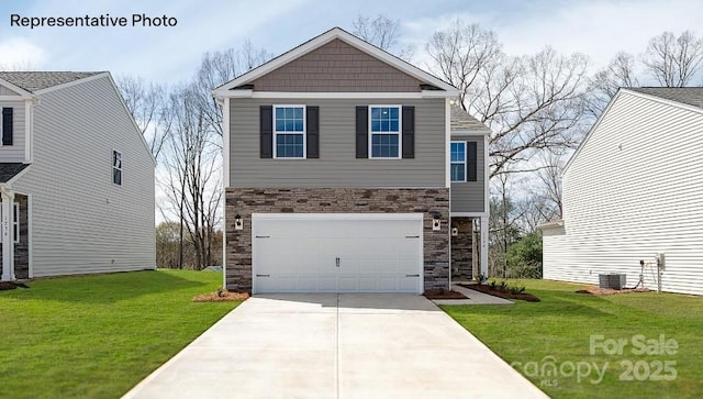 view of front facade with stone siding, a front lawn, driveway, and central air condition unit