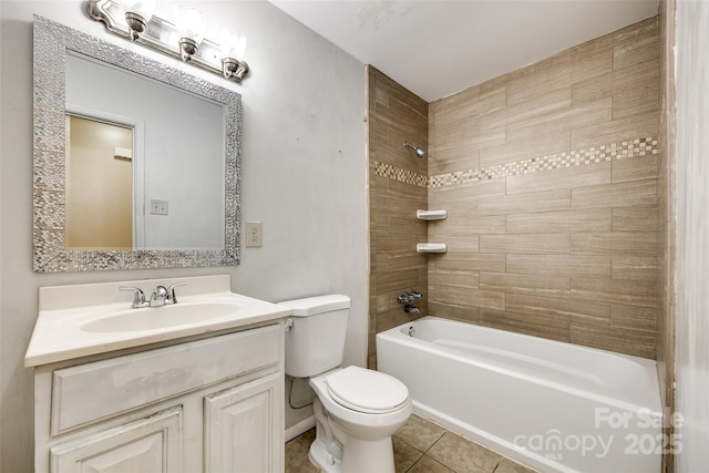 full bath featuring baseboards, bathing tub / shower combination, toilet, tile patterned flooring, and vanity