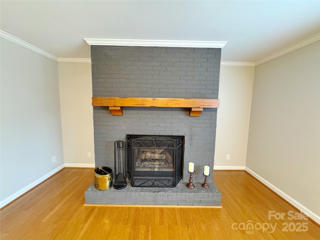 room details featuring baseboards, ornamental molding, and wood finished floors