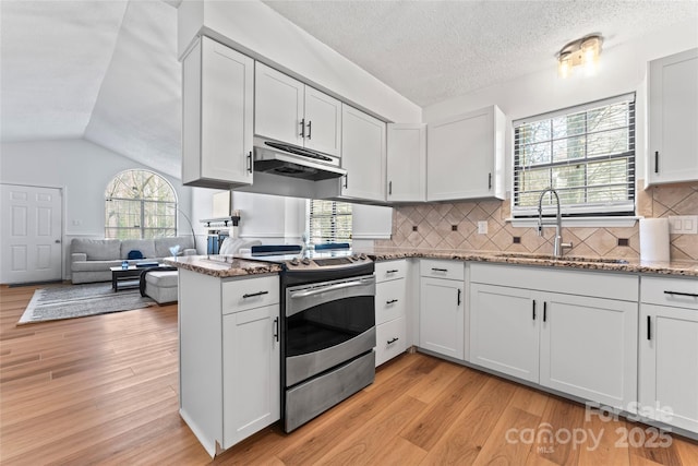 kitchen featuring under cabinet range hood, light stone counters, a sink, stainless steel electric stove, and lofted ceiling