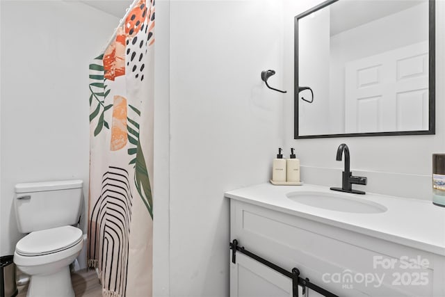 bathroom featuring a shower with curtain, toilet, and vanity