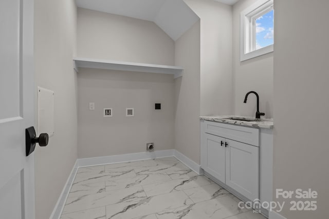 laundry area with hookup for a washing machine, hookup for an electric dryer, a sink, baseboards, and marble finish floor