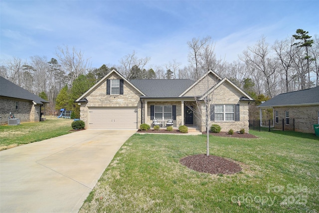 view of front of property featuring brick siding, central air condition unit, and a front lawn