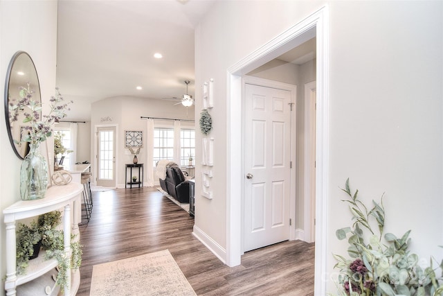 foyer with recessed lighting, baseboards, wood finished floors, and ceiling fan