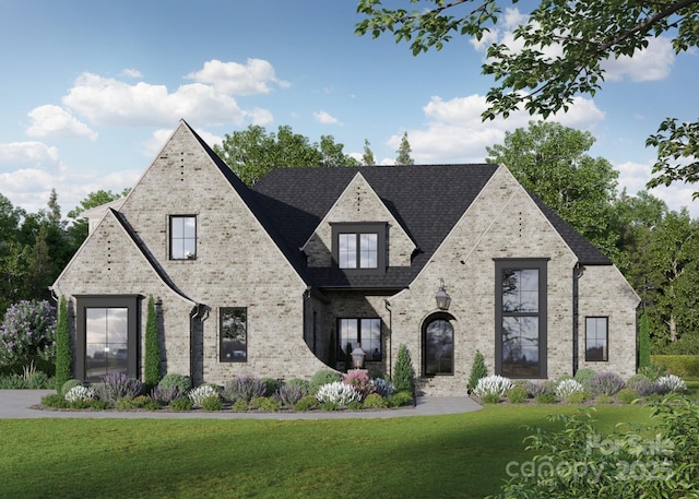 view of front of home with brick siding and a front yard