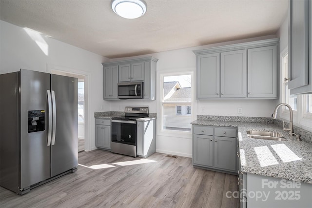 kitchen featuring light stone counters, gray cabinetry, a sink, light wood-style floors, and appliances with stainless steel finishes