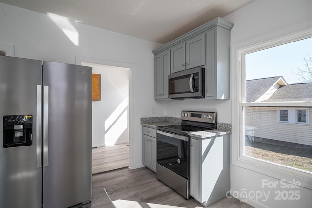 kitchen with plenty of natural light, appliances with stainless steel finishes, wood finished floors, and gray cabinetry