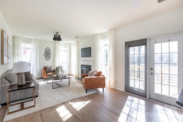 living area featuring a fireplace with flush hearth and wood finished floors