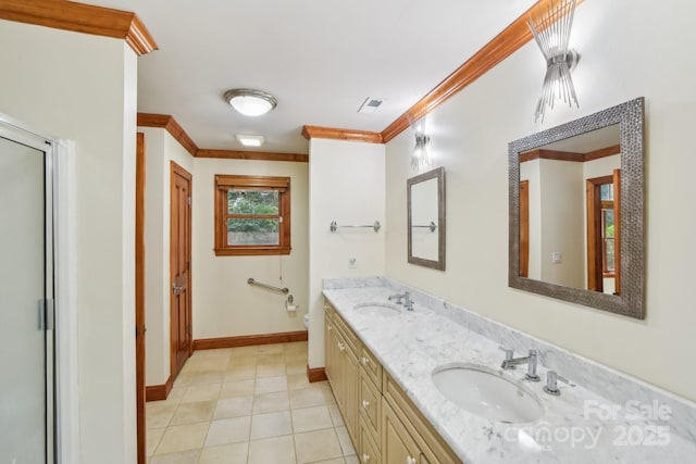full bath featuring a sink, double vanity, baseboards, visible vents, and ornamental molding
