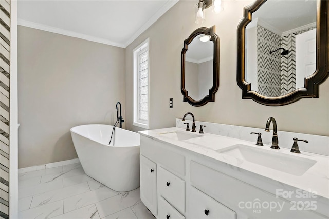 bathroom featuring a sink, a soaking tub, marble finish floor, and ornamental molding