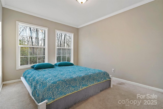 carpeted bedroom with crown molding and baseboards