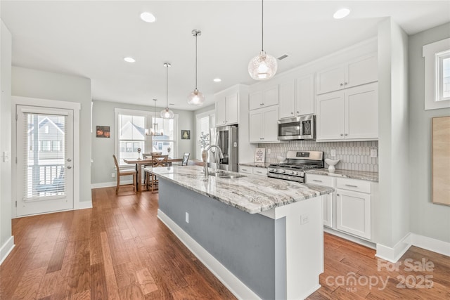 kitchen featuring white cabinets, appliances with stainless steel finishes, a sink, a kitchen island with sink, and backsplash