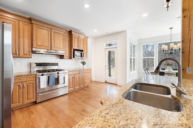 kitchen with light wood finished floors, light stone countertops, stainless steel appliances, under cabinet range hood, and a sink