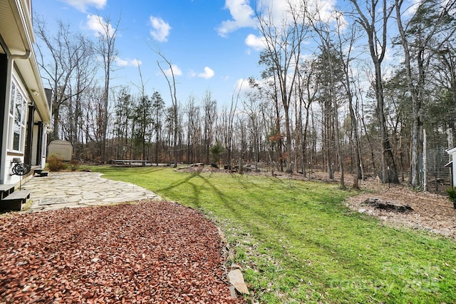 view of yard featuring a patio area and an outdoor structure