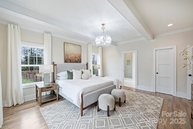 bedroom featuring a chandelier, beam ceiling, multiple windows, and wood finished floors