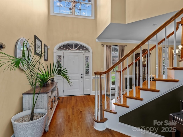 entryway featuring stairs, plenty of natural light, and wood finished floors