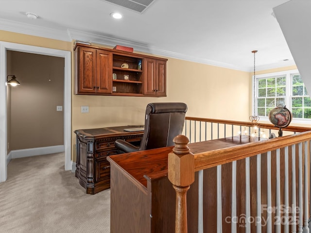 office space featuring recessed lighting, light carpet, visible vents, baseboards, and crown molding