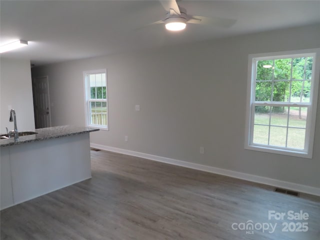 635 Acre Ct, York, SC 29745 - kitchen with a ceiling fan, dark wood-style flooring, visible vents, a sink, and light stone counters