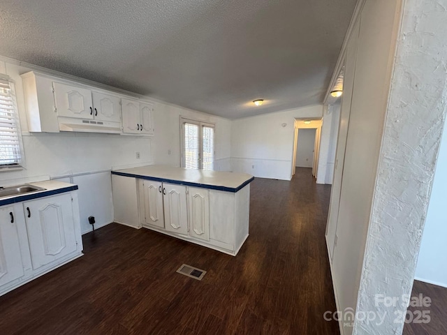 kitchen with dark wood-style floors, visible vents, white cabinetry, a textured ceiling, and under cabinet range hood