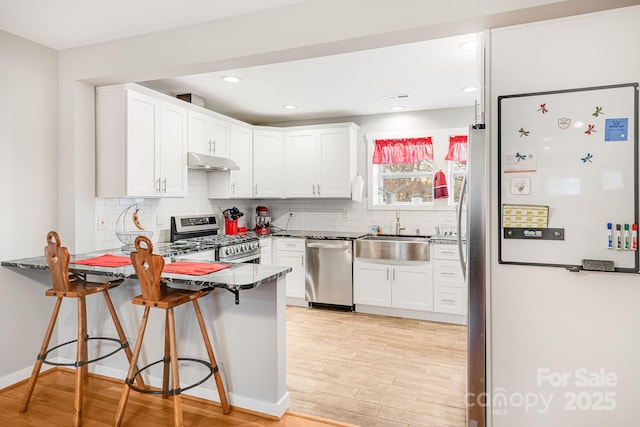 kitchen featuring light wood-style floors, appliances with stainless steel finishes, a peninsula, under cabinet range hood, and a sink