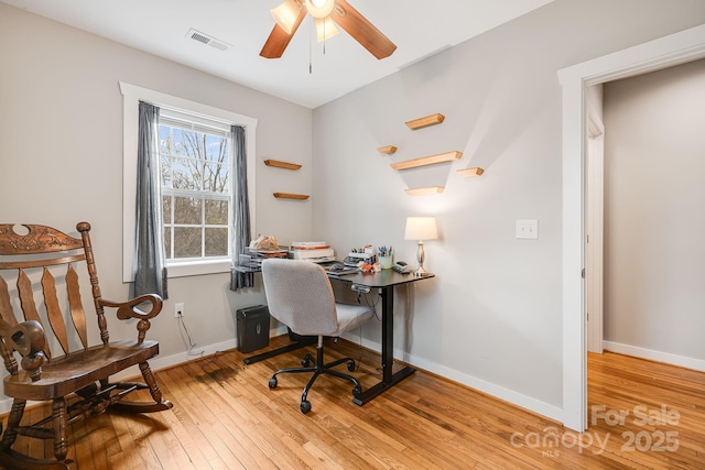 office featuring light wood-style floors, visible vents, ceiling fan, and baseboards