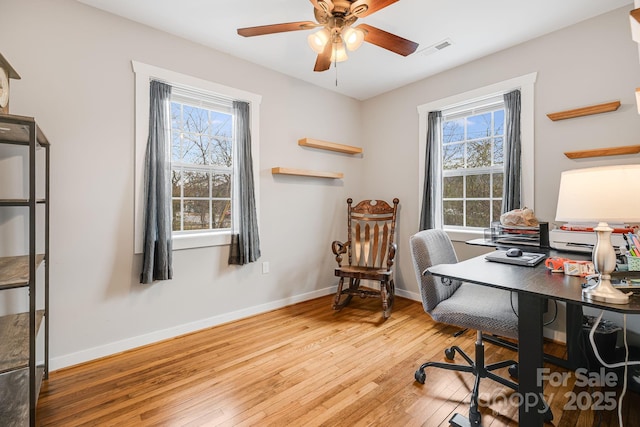 home office featuring a ceiling fan, visible vents, baseboards, and hardwood / wood-style floors