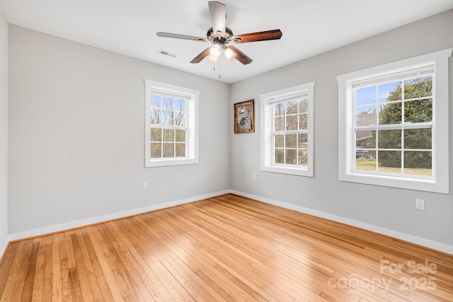 empty room with light wood-style floors, plenty of natural light, visible vents, and baseboards