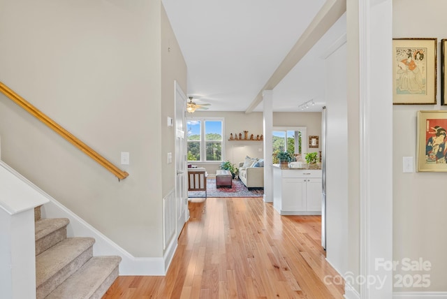50 Rose Creek Rd, Leicester, NC 28748 - entryway with a ceiling fan, baseboards, light wood-style flooring, and stairway