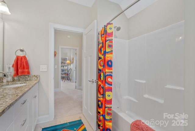 50 Rose Creek Rd, Leicester, NC 28748 - bathroom featuring baseboards, shower / bathtub combination with curtain, tile patterned floors, and vanity