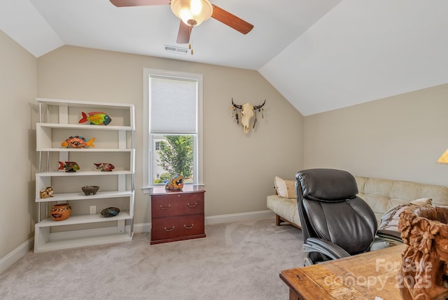50 Rose Creek Rd, Leicester, NC 28748 - office space with ceiling fan, light carpet, visible vents, baseboards, and vaulted ceiling