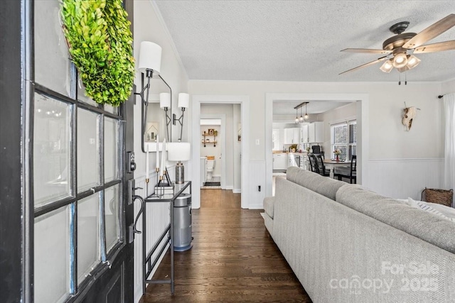 living area with a ceiling fan, dark wood-style flooring, wainscoting, and a textured ceiling